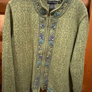 Nomadic Traders Green Cardigan with Blue Embroidery